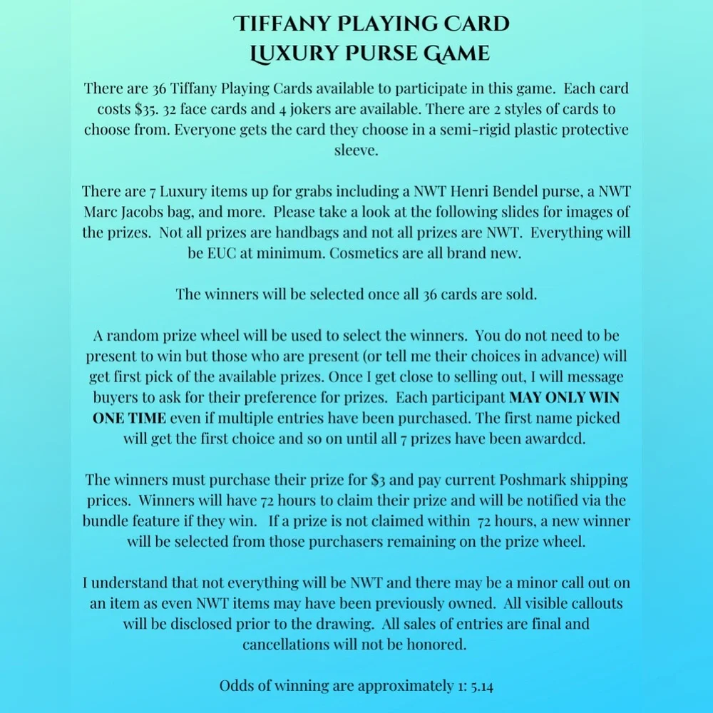 12 Spots left UPDATE ! SEE BELOW Tiffany Luxury Prize Game $35 per entry 7 prize - Picture 2 of 14